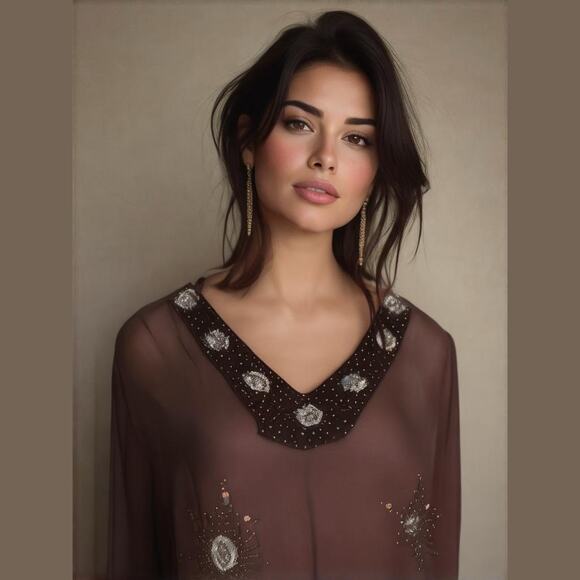 Phool Vintage Brown Sheer V-Neck Sequins & Beading Long Sleeve Hippie Boho Top S - Picture 1 of 13